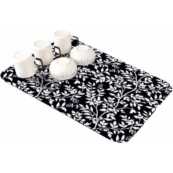 Black Botanical Dish Drying Mat for Kitchen Counter, Super Absorbent Quick Dry Coffee Bar Mat Pad Thin Diatomaceous Sink Mat Dish Drainer Mat 16x18 Country Retro White Tree Leaves Floral Flower
