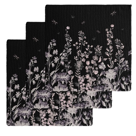 Black Botanical Dish Towels Set, Waffle Weave Kitchen Towels 3 Pieces, Dragonfly Flower Leaf Retro Style Microfiber Hair Face Bath Tea Towel Absorbent Quick Drying Cleaning Dish Cloths, 12"x12"