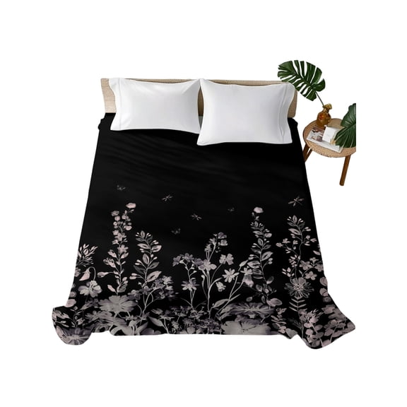 Black Botanical Flat Sheet Only Twin Size, Soft Breathable Bed Top Sheets for Mattress, Dragonfly Flower Leaf Retro Style Luxury Bedding Flat Sheets for Home Hotel Bedroom Bed Protection
