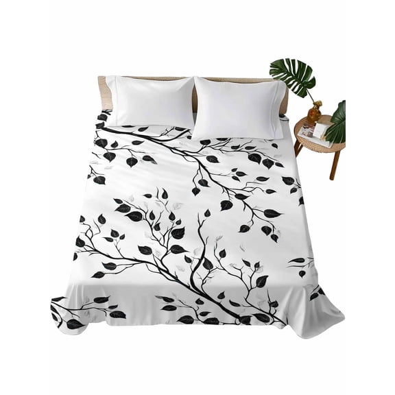 Black Botanical Flat Sheets Only King Size, Soft Breathable Bed Top Sheets for Mattress, Watercolor Summer Botanical Luxury Bedding Flat Sheets for Home Hotel Bedroom Bed Protection