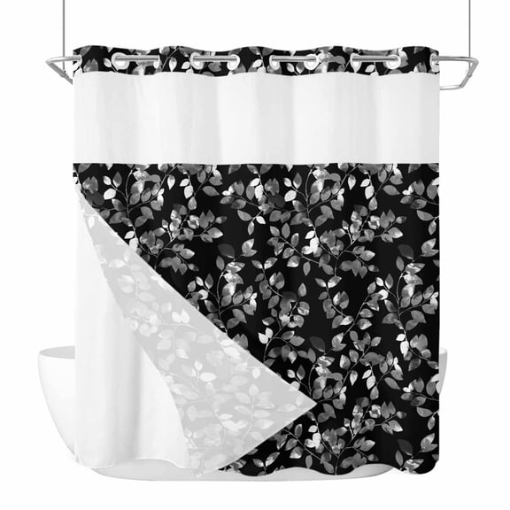 Black Botanical No Hook Shower Curtain Waterproof, Bathroom Curtains with Snap in Liners and See Through Top Window, Pastoral Spring Floral Classic Black Hotel Style Bathtub Curtains Shower 72"Wx78"L