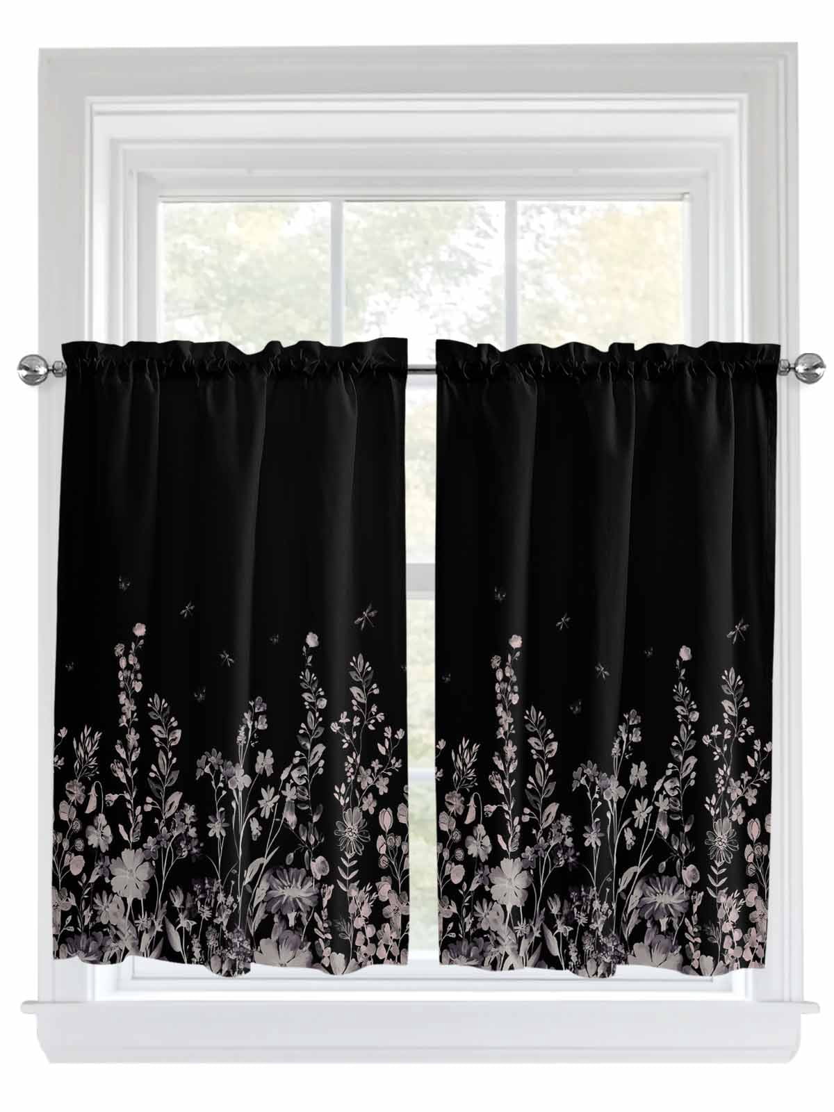 Black Botanical Kitchen Curtains 54 Inch Length, Dragonfly Flower Leaf ...