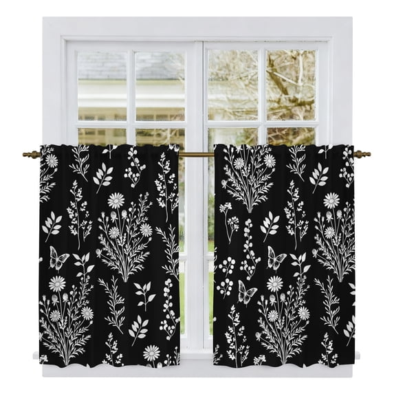 Black Botanical Kitchen Curtains 54 Inch Length, Spring Summer Chic Wildflowers Tiers Curtains for Bathroom Bedroom Cafe, Light Filtering Small Window Treatment Short Tiered Drapes 2 Panels 42"Wx54"L