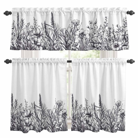 Black Botanical Kitchen Curtains Sets for Windows 36 Inch Length ...
