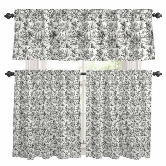 Black Botanical Kitchen Curtains Sets for Windows 36 Inch Length, Watercolor Rustic Tree Abstract Rod Pocket Window Treatments Tier Curtains and Valances Set for Bedroom/Bathroom