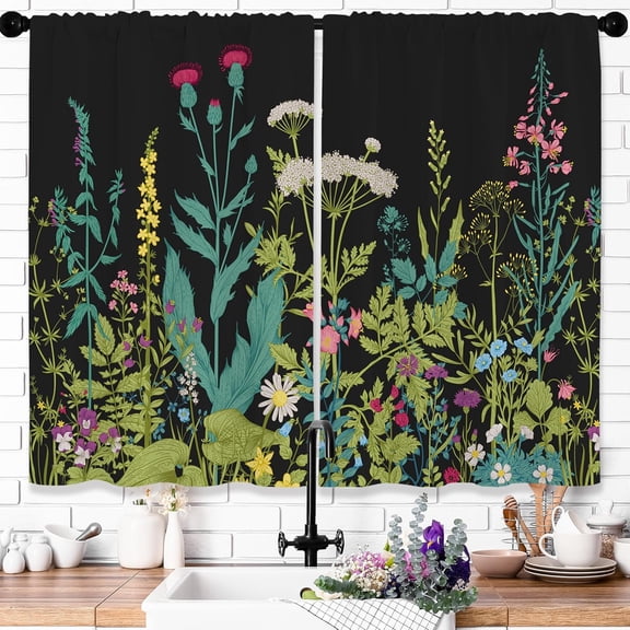 Black Botanical Kitchen Curtains Wildflower Plant Leaves Bathroom Window Curtains Rustic Floral Curtain Treatment Drapes Cafe Small Bedroom Short Curtains Fabric 2 Panels 27.5x36 Inch