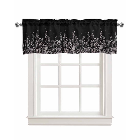 Black Botanical Kitchen Valances for Windows Farmhouse Linen Window Valance Curtain for Living Room Window Treatment Dragonfly Flower Leaf Retro Style Valance Rod Pocket Topper Drape, 60 x 18 Inch