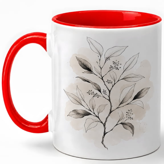 Black Botanical Leaf Coffee Mug, Minimal Plant Lover Mug, Nature Birthday Christmas Gift, Ink Line Leaf Branch Watercolor Art, 11 oz White Ceramic Coffee Cup Gift for Tea Lover