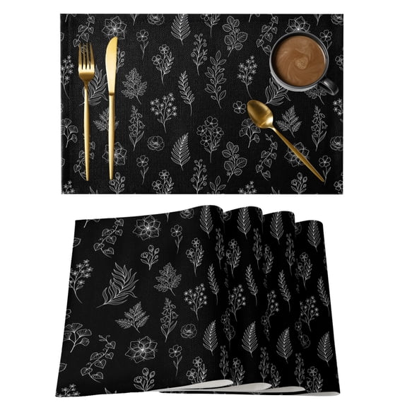 Black Botanical Placemats Set of 2 Farmhouse Summer Floral Leaves Place Mats Indoor Wipeable Table Mats Washable Cloth Dining Table Placemats for Kitchen Holiday Party Home Decor 13x19 Inch