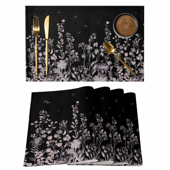 Black Botanical Placemats Set of 8, Dragonfly Flower Leaf Retro Style Placemats for Dining Table, Place Mats for Kitchen Tabletop, Waterproof Wipeable Dining Table Mats Set
