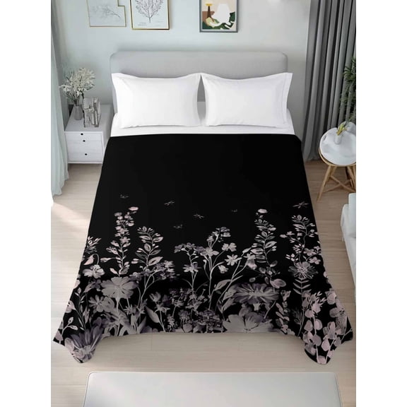 Black Botanical Queen Size Flat Sheet, Wrinkleproof & Fadeproof Cooling Flat Bed Sheet Only, Dragonfly Flower Leaf Retro Style Breathable Soft Bedding Top Sheets 90 x 102 Inches