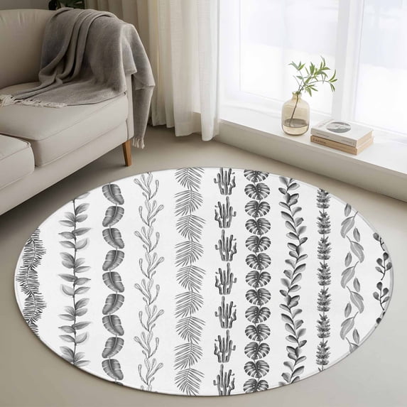 Black Botanical Round Area Rug 3.3Ft Washable Circle Rugs for Dining Room Table, Modern Farmhouse Tropical Leaves Non-Slip Carpet Floor Mats Indoor Outdoor Carpet Runner Aesthetic Home Decor