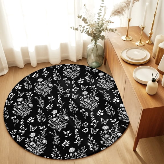 Black Botanical Round Area Rug 3 FT, Small Kitchen Bathroom Mat, Spring Summer Chic Wildflowers Washable Indoor Outdoor Throw Runner Carpet Non-Shedding Doormat for Table Shower Sofa Entryway