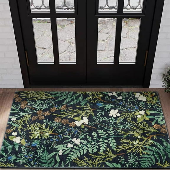 Black Botanical Rug, Washable Vintage Cottagecore Green Plants Floral Kitchen Bathroom Rugs Non-Slip, Summer Nature Greenery Area Rugs Entryway Rug Indoor Doormat-1x2ft