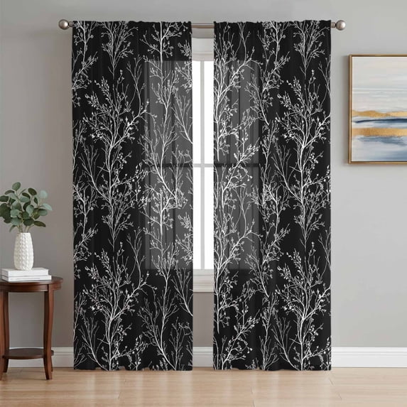 Black Botanical Semi Sheer Curtains 72 Inch Length 2 Panels Set, Vintage Floral Plants Branch Sheer Kitchen Curtain Privacy Voile Window Curtain for Living Room Bedroom Rod Pocket Drapes