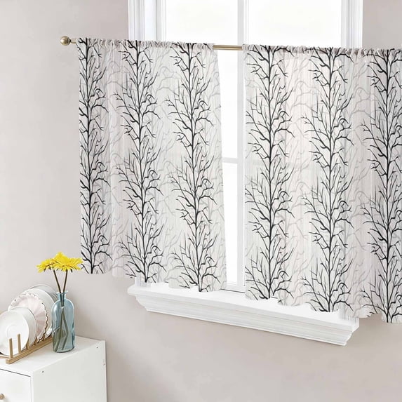 Black Botanical Sheer Curtains 54 Inch Length 2 Panels Set, Farmhouse Spring Summer Branch Voile Window Treatment Rod Pocket Short Kitchen Curtains Drapes for Bedroom 52"x54"x2