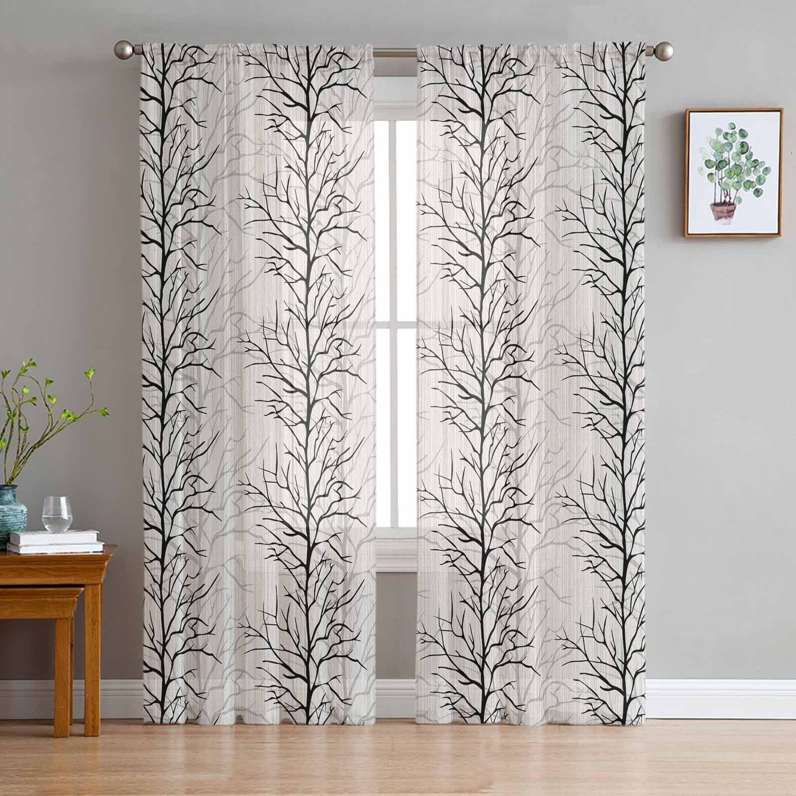 Black Botanical Sheer Curtains 63 Inches Length 2 Panels Set, Window ...