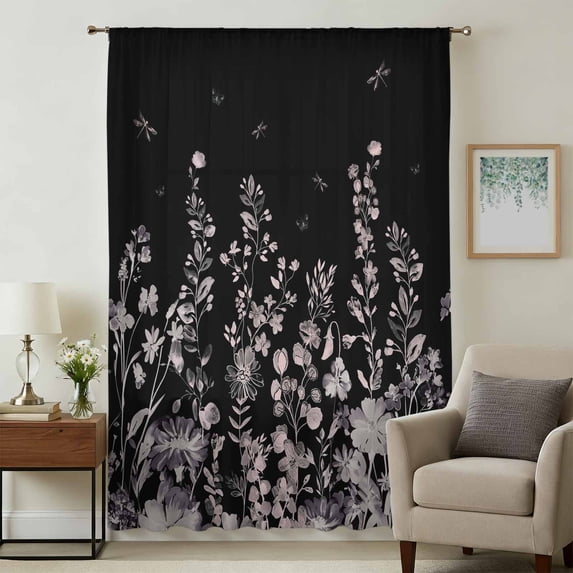 Black Botanical Sheer Curtains 63 Inches Long, Dragonfly Flower Leaf Retro Style Light Filering Curtains, Breathable Simi Curtain Privacy Drapes for Living Room Bedroom Lightweight Window Treatment