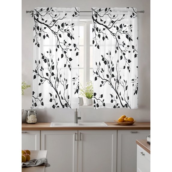 Black Botanical Sheer Kitchen Tier Curtains 45 Inch length,Rod Pocket Half Curtains & Drapes,Watercolor Summer Botanical Light Filtering Chiffon Cafe Bathroom Window Treatments 2 Panels 27.5"W x 45"L