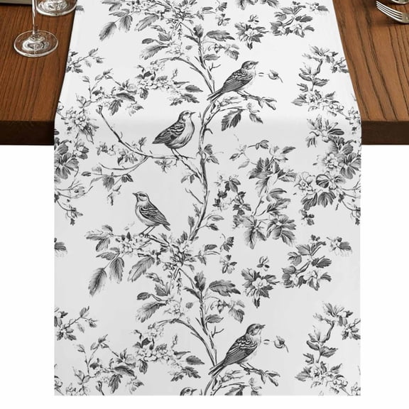Black Botanical Short Table Runner 36 Inches Long, Watercolor Birds Summer Spring Cotton Linen Table Runners Dresser Scarves, Fabric Tabletop Scarf Furniture Cover for Home Dinner Party Decor 13"x36"