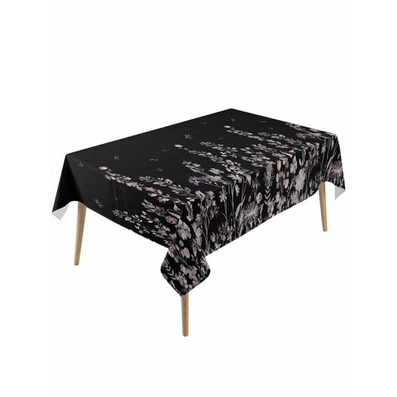 Black Botanical Table Cloth, Dragonfly Flower Leaf Retro Style Waterproof Tablecloth for Rectangle Tables, Reusable Washable Fabric Table Cover for Restaurant Kitchen Dining Tables 60"x120"