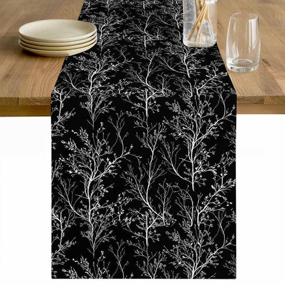 Black Botanical Table Runner - 36 Inch Long Vintage Floral Plants Branch Cotton and Linen Blended Dress Scarves Farmhouse Table Runner for Kitchen Dining, Coffee Table, 13" x 36"