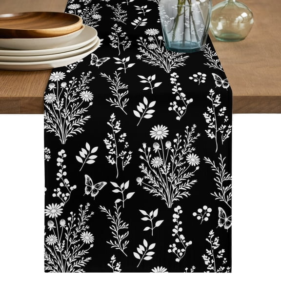 Black Botanical Table Runner 70 Inches Long, Spring Summer Chic Wildflowers Cotton Linen Table Runners Dresser Scarves, Decorative Fabric Tabletop Scarf Furniture Cover for Home Dinner Party 13"x70"