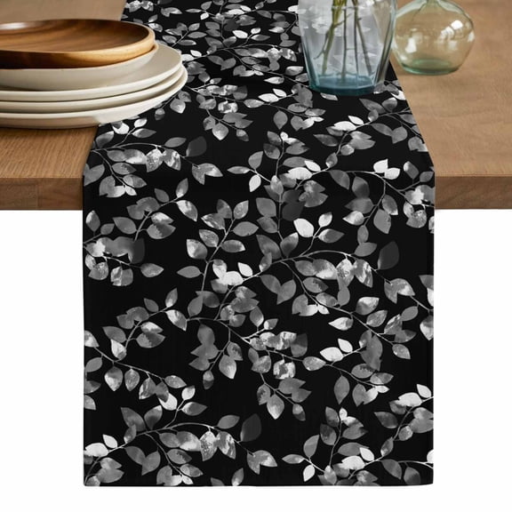 Black Botanical Table Runner, Pastoral Spring Floral Classic Black Washable Cotton Linen Table Runners 36 Inches Long, Dresser Scarf Runner for Nightstand/End Tables/Round Tables 13''x36''