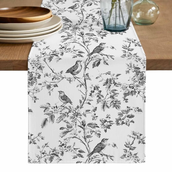Black Botanical Table Runner, Watercolor Birds Summer Spring Washable Cotton Linen Table Runners 36 Inches Long, Dresser Scarf Runner for Nightstand/End Tables/Round Tables 13''x36''