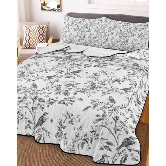 Black Botanical Twin Size Down Alternative Comforter, Lightweight Comforter Quilt Bedding Set with Pillow Shams Watercolor Birds Summer Spring All Seasons Bed Comforter Duvet Insert 68"x86"