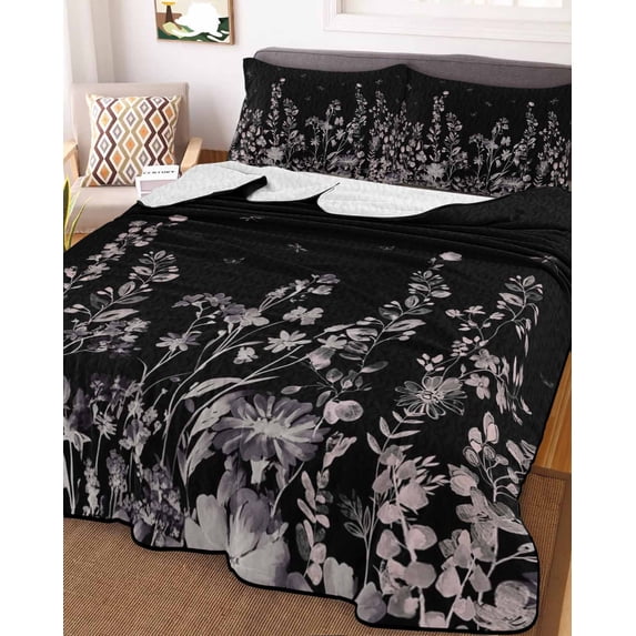 Black Botanical Twin XL Size Down Alternative Comforter, Lightweight Comforter Quilt Bedding Set with Pillow Shams Dragonfly Flower Leaf Retro Style All Seasons Bed Comforter Duvet Insert 68"x98"