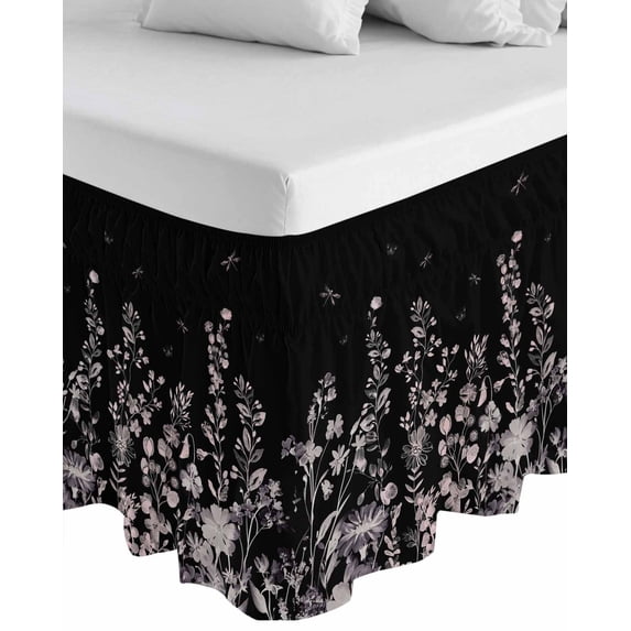 Black Botanical Wrap Around Bed Skirts for King Bed 18" Drop, Bed Skirt with Adjustable Elastic Belt Dust Ruffle Bed Valance for Bedroom Hotel Luxury Dragonfly Flower Leaf Retro Style Bed Frame Cover