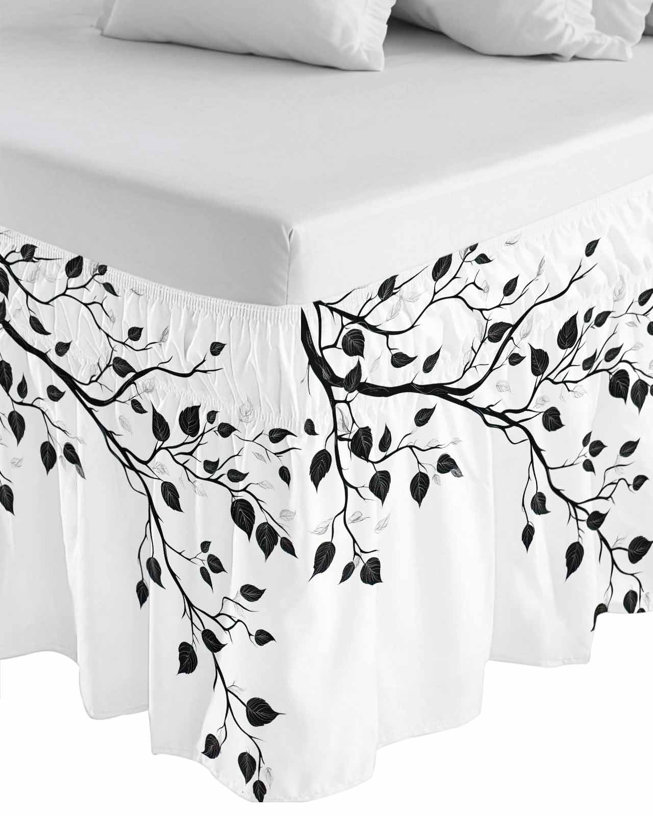 Black Botanical Wrap Around Bed Skirts for Queen Bed 18" Drop, Bed Skirt with Adjustable Elastic Belt Dust Ruffle Bed Valance for Bedroom Hotel Luxury Watercolor Summer Botanical Bed Frame Cover