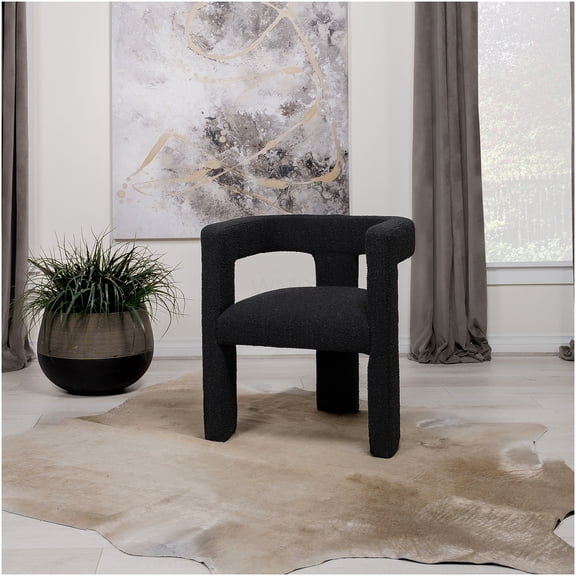 Black Boucle Accent Chair, Upholstered Side Chair with Textured Fabric and Curved Design for Living Room, Bedroom, Office