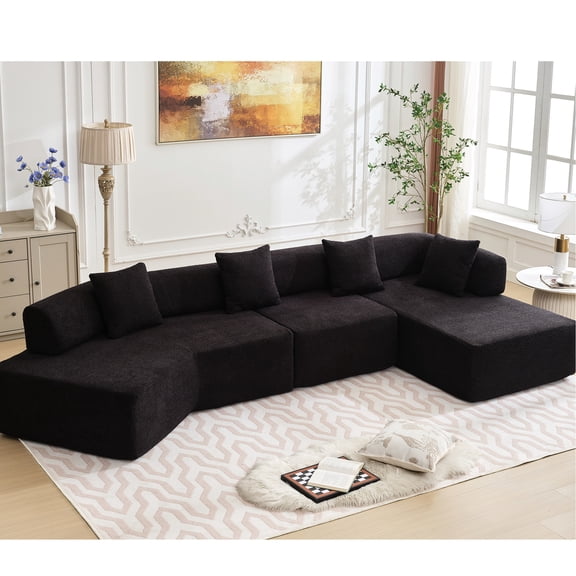 Black Boucle Modular Couch, Breathable & Ultra-Soft / Enjoy Relaxing with Family