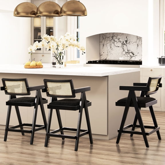 Black Boucle Upholstery with Tweed Faux-sherpa Texture | Enhance Kitchen Decor | Comfortable Set of 3 Counter-height Stools