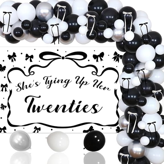 Black Bow 30th Birthday Party Decorations, Coquette Bow 30th Birthday Decoration Black Bow She's Tying Her Twenties Backdrop Latex Balloon Arch Kit for Woman Rip 20s Party Supplies