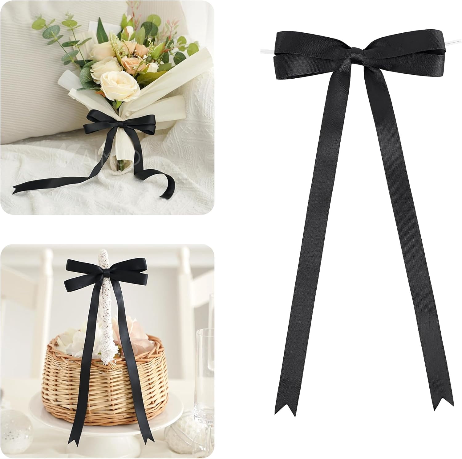 Black Bow 5 × 10" Satin for Gift Wrapping Twist Tie Bows Premade Ribbon Bouquets Invitations Baskets Crafts Wreaths Wedding Birthday Baby Shower Party Decorations, 36 PCs