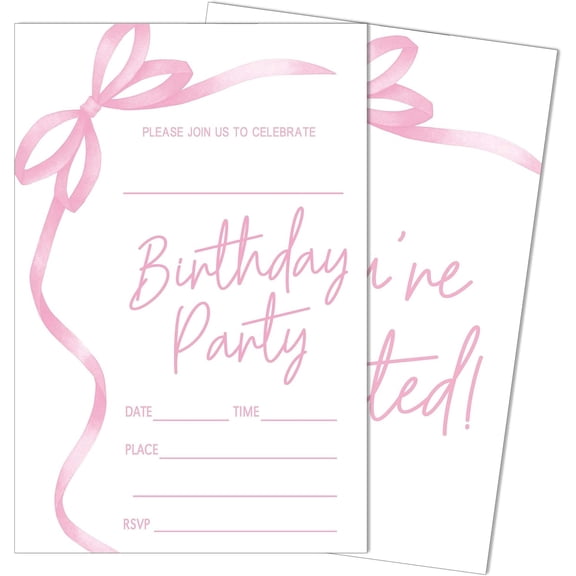 Black Bow Birthday Invitations, Black Ribbon Bow Birthday Party Invitations, 20 Party Invitations with Envelopes for Girls Boys, Birthday Party Favor & Decoration (4"x6")-A02