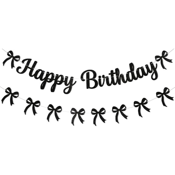 Black Bow Birthday Party Decorations - Happy Birthday Banner & Black Bow Bunting Garland, Girls/Boys Coquette Bday Party Decorations Black Glitter