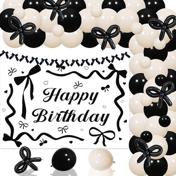 Black Bow Birthday Party Decorations Vintage Girls Coquette Party Decoration Bow Themed Happy Birthday Backdrop Bowknot Tie Ribbon Garland Black White Balloon Arch Kit for Woman 21st 30th Bday Party