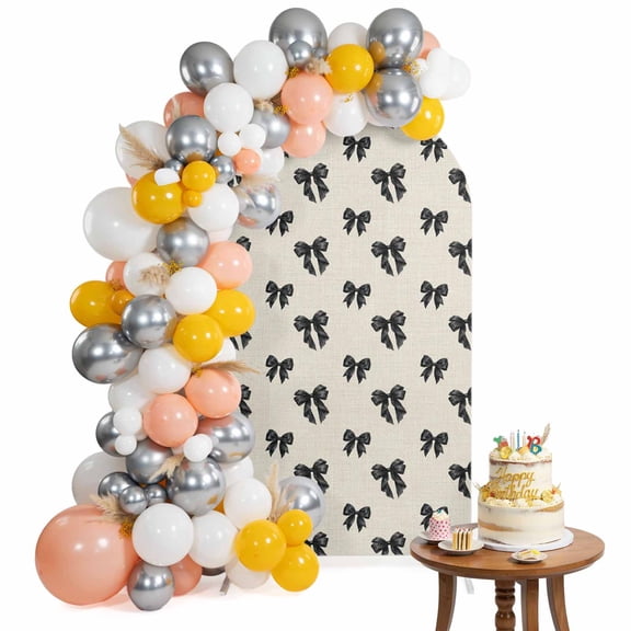Black Bow Boho Arch Backdrop Cover 4 Ft Modern Minimalist Bow Seamless Warm Beige Spandex Fitted Stretchy Arch Cover, Round Top Chiara Backdrop Cover for Wedding Birthday