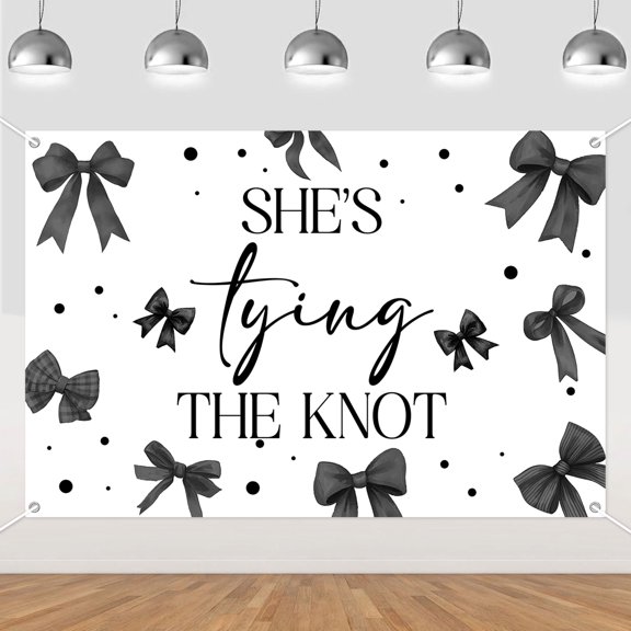 Black Bow Bridal Shower Decoration Shes Tying The Knot Backdrop Bow Coquette Decor Black Bows Bridal Shower Background Cloth for Girls Bachelorette Party Bridals Showers Wedding Party Supplies