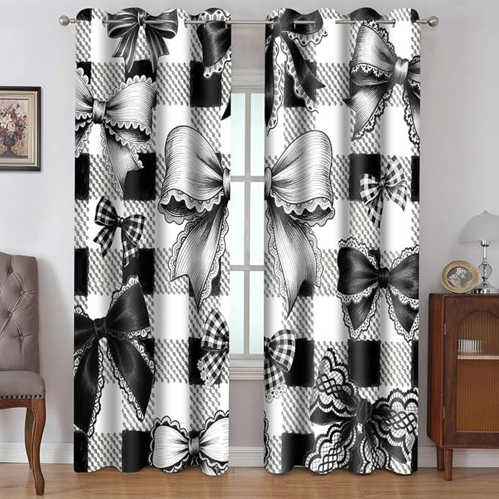 Black Bow Curtains For Girly Bedroom Cute Black White Bow Blackout ...