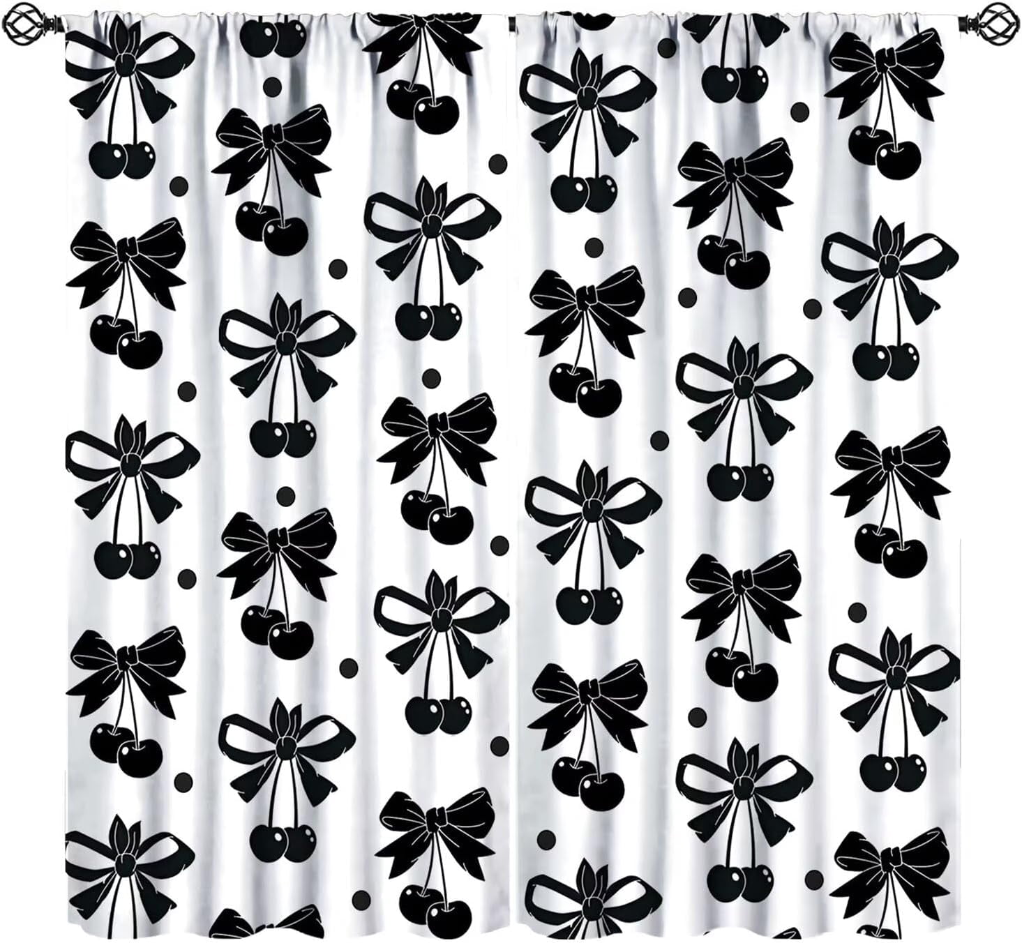 Black Bow Curtains, Vintage Dark White Cherry Ribbon Bows Aesthetic Print Window Drapes Curtains for Kids Girls Bedroom Livingroom Bathroom, 55" W X 39" L