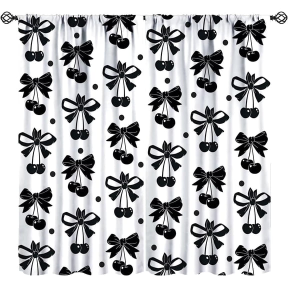 Black Bow Curtains, Vintage Dark White Cherry Ribbon Bows Aesthetic Print Window Drapes Curtains for Kids Girls Bedroom Livingroom Bathroom, 55" W X 39" L