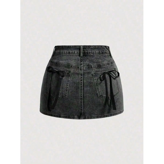 Black Bow-Decorated Denim Mini Skirt With Tie-Details For Summer
