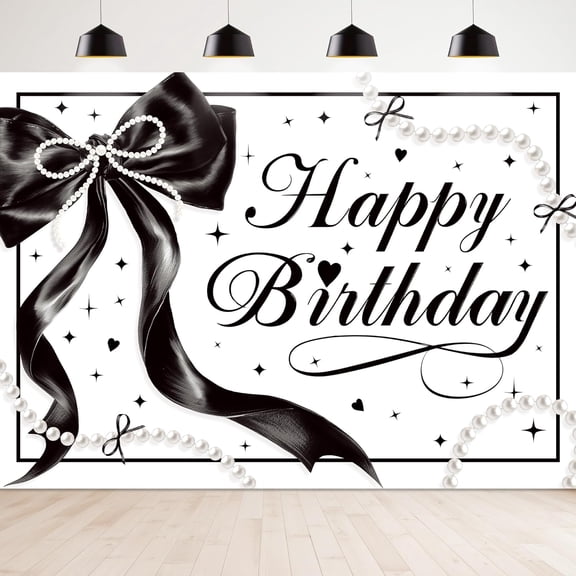Black Bow Happy Birthday Backdrop Black Bowknot White Pearls Birthday Photography Background for Women Girls Aesthetic Pretty Birthday Party Decorations Banner Photo Booth Props
