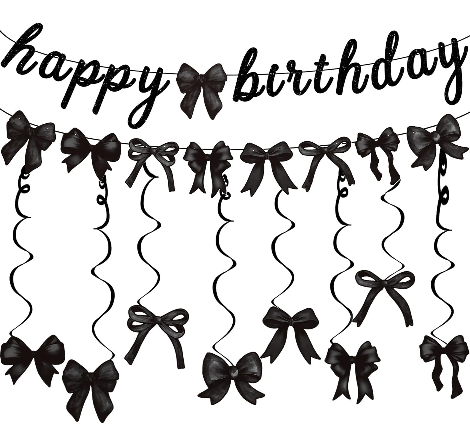 Black Bow Birthday Banner & Coquette Garland – Glitter Cardstock Party Decor For Girls' Birthday, Baby Shower