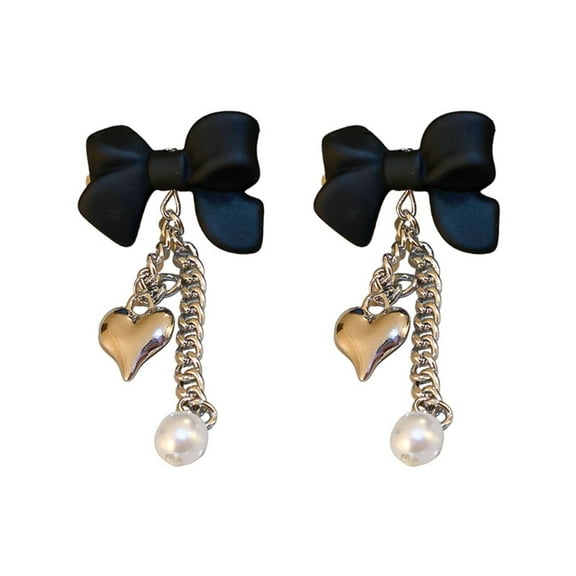 Black Bow Knot Dangle Heart Threader Tassel Stud Earrings Drop Sterling Silver Post for Women